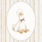 White duck with a brown bow in an oval frame on a striped background