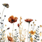 Watercolor floral illustration featuring orange, rust, and yellow wildflowers with muted green and gray leaves on a white background.