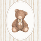 Teddy bear with a bow tie in an oval frame on a striped background