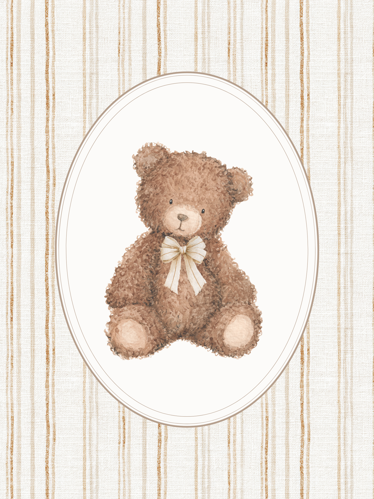 Teddy bear with a bow tie in an oval frame on a striped background
