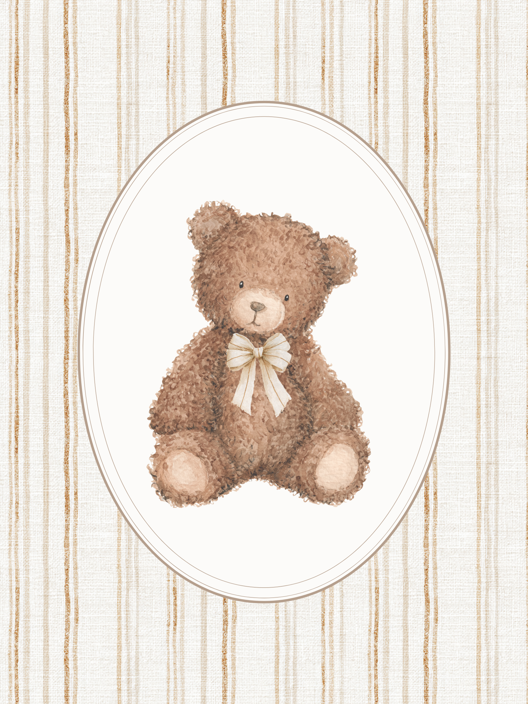 Teddy bear with a bow tie in an oval frame on a striped background