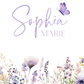 Personalized floral card with the name 'Sophia Marie' in lavender script and sans-serif fonts, decorated with a purple butterfly and watercolor wildflowers along the bottom border on a white background.