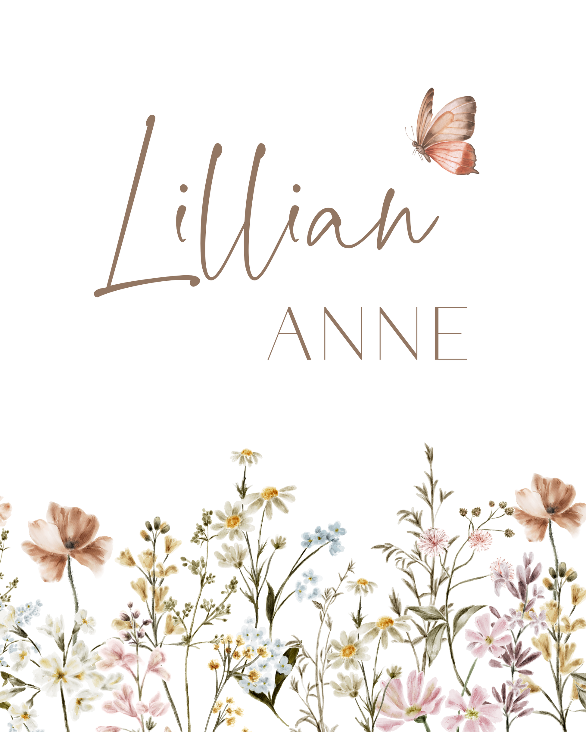 Butterflies and Neutral Flowers Wall Art. Featuring soft watercolor blooms in warm beige, ivory, and taupe tones, paired with delicate butterflies fluttering gracefully above