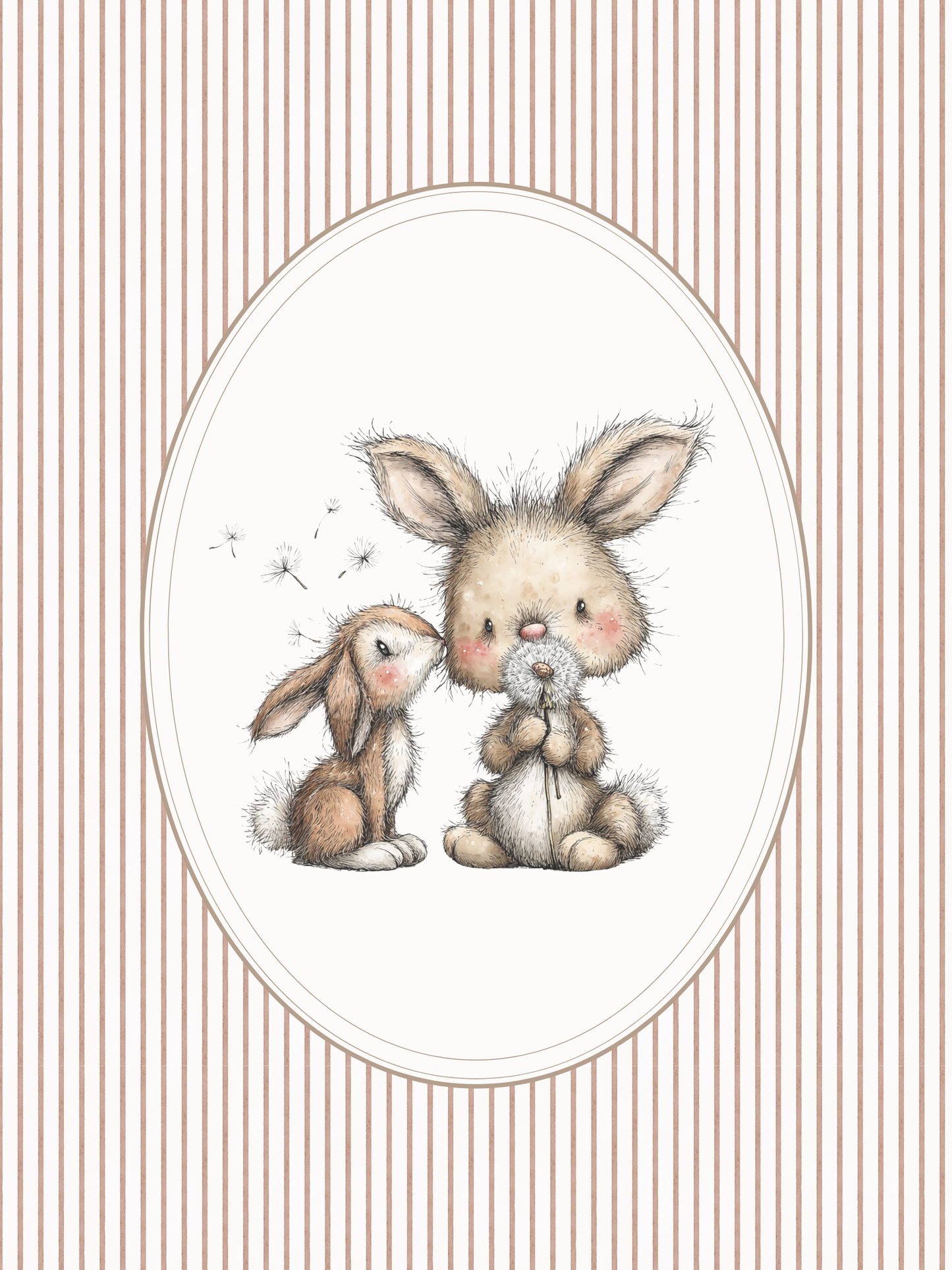 Two cute cartoon bunnies on a striped background