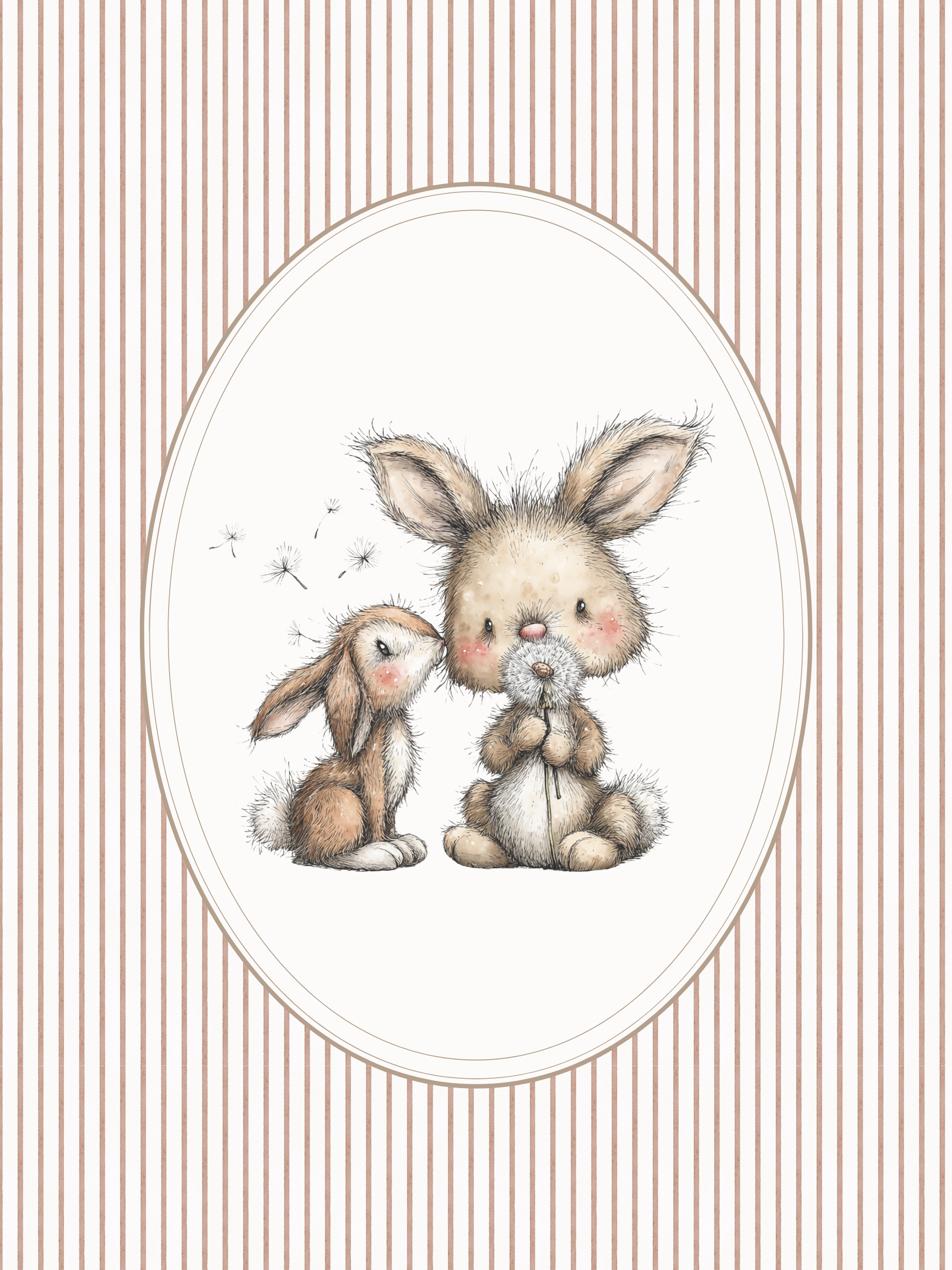 Two cute cartoon bunnies on a striped background
