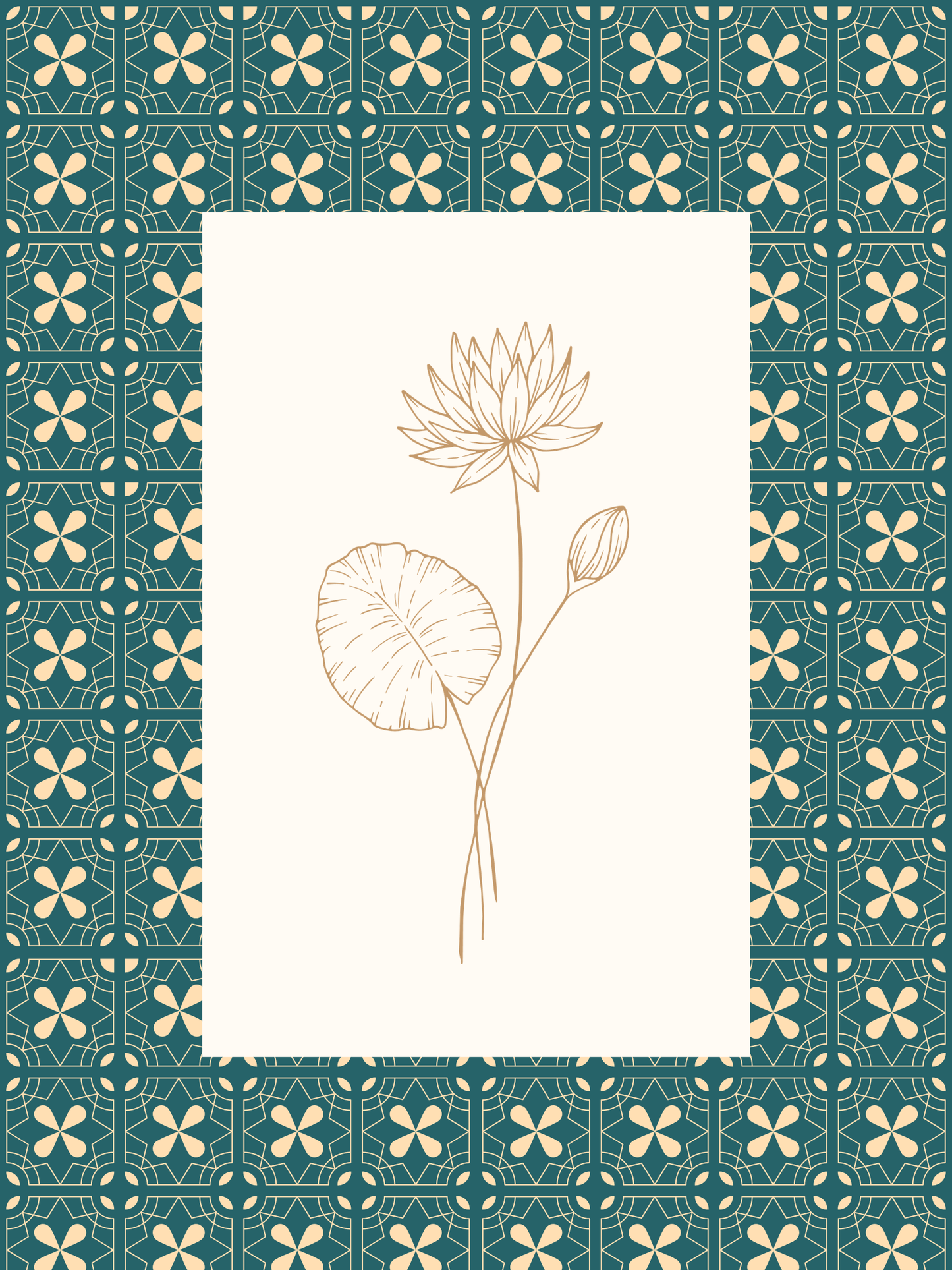 Decorative design with floral patterns and a central plant illustration on a teal background.