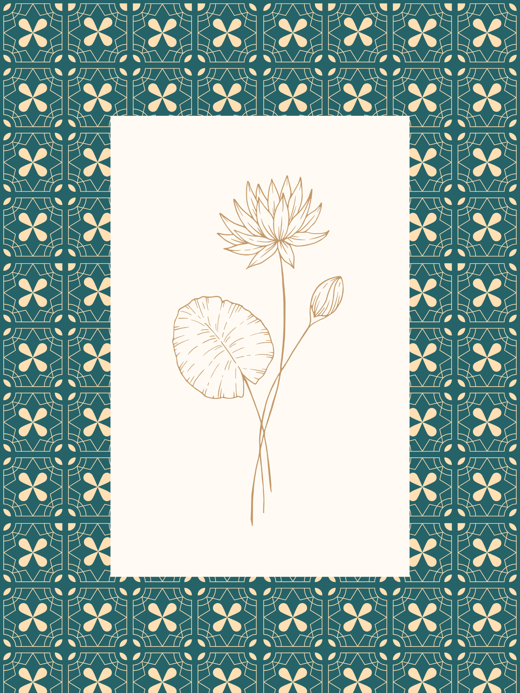 Decorative design with floral patterns and a central plant illustration on a teal background.
