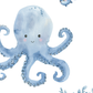 Watercolor-style illustration of a smiling light blue octopus with a small blue fish and pale blue seaweed on a white background.