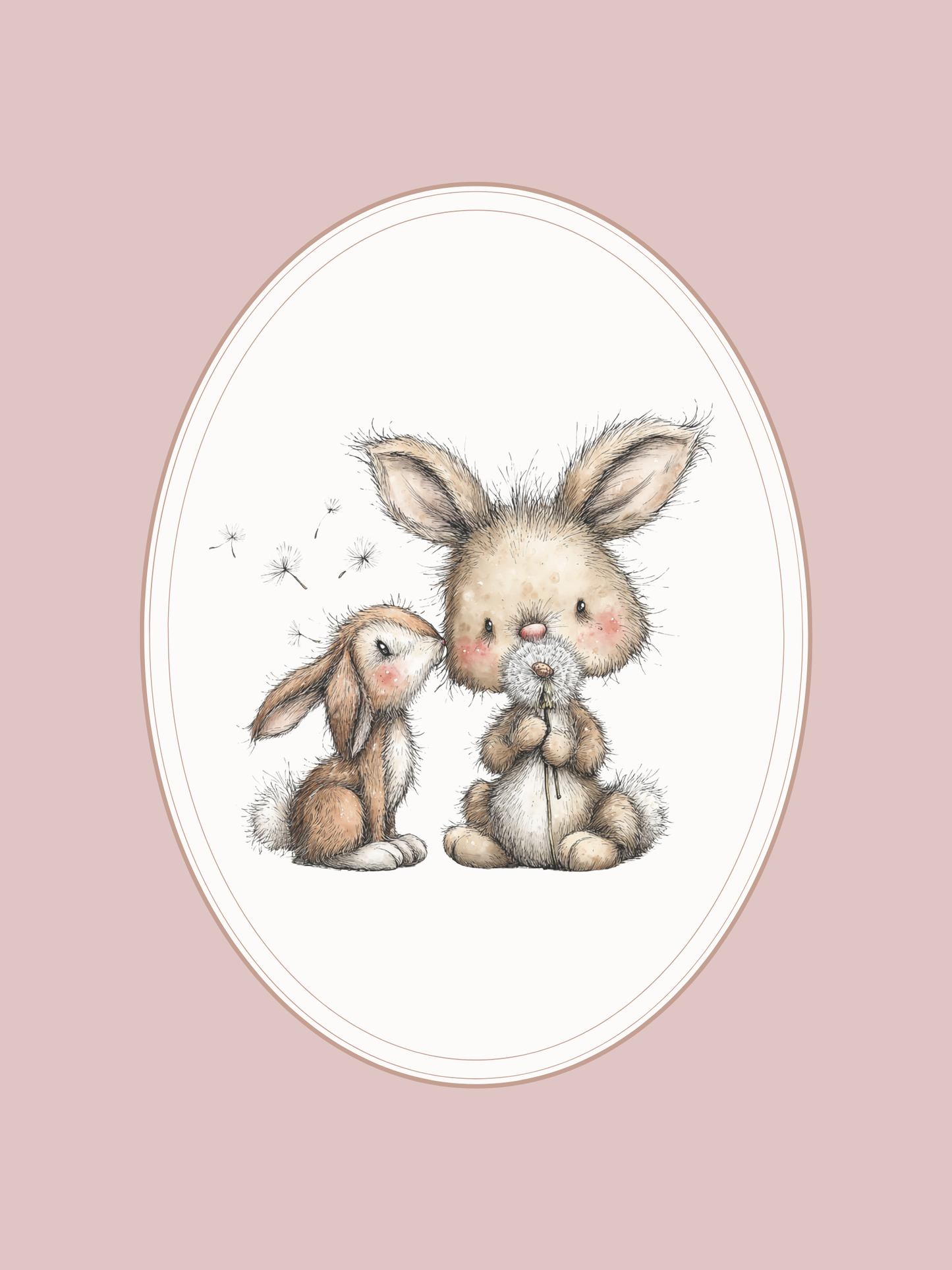Illustration of two bunnies with a white border on a pink background