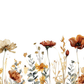 Watercolor floral border with orange, rust, yellow, and beige flowers and muted green-gray leaves on a white background.