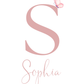 A personalized monogram design featuring a large dusty pink letter 'S' with a small pink butterfly on the upper curve, above the name 'Sophia' in a matching cursive font, all on a solid white background.