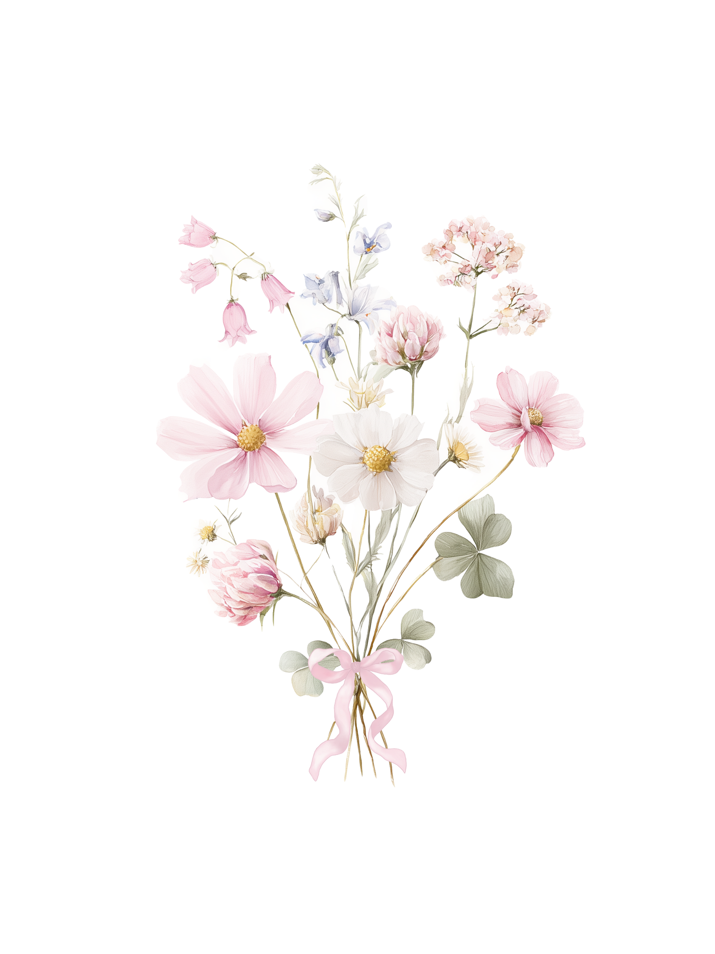 Pastel-colored flowers with a pink bow on a white background