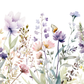 Watercolor floral border design featuring soft purple, pink, and green wildflowers with a small orange-and-white butterfly on a white background.