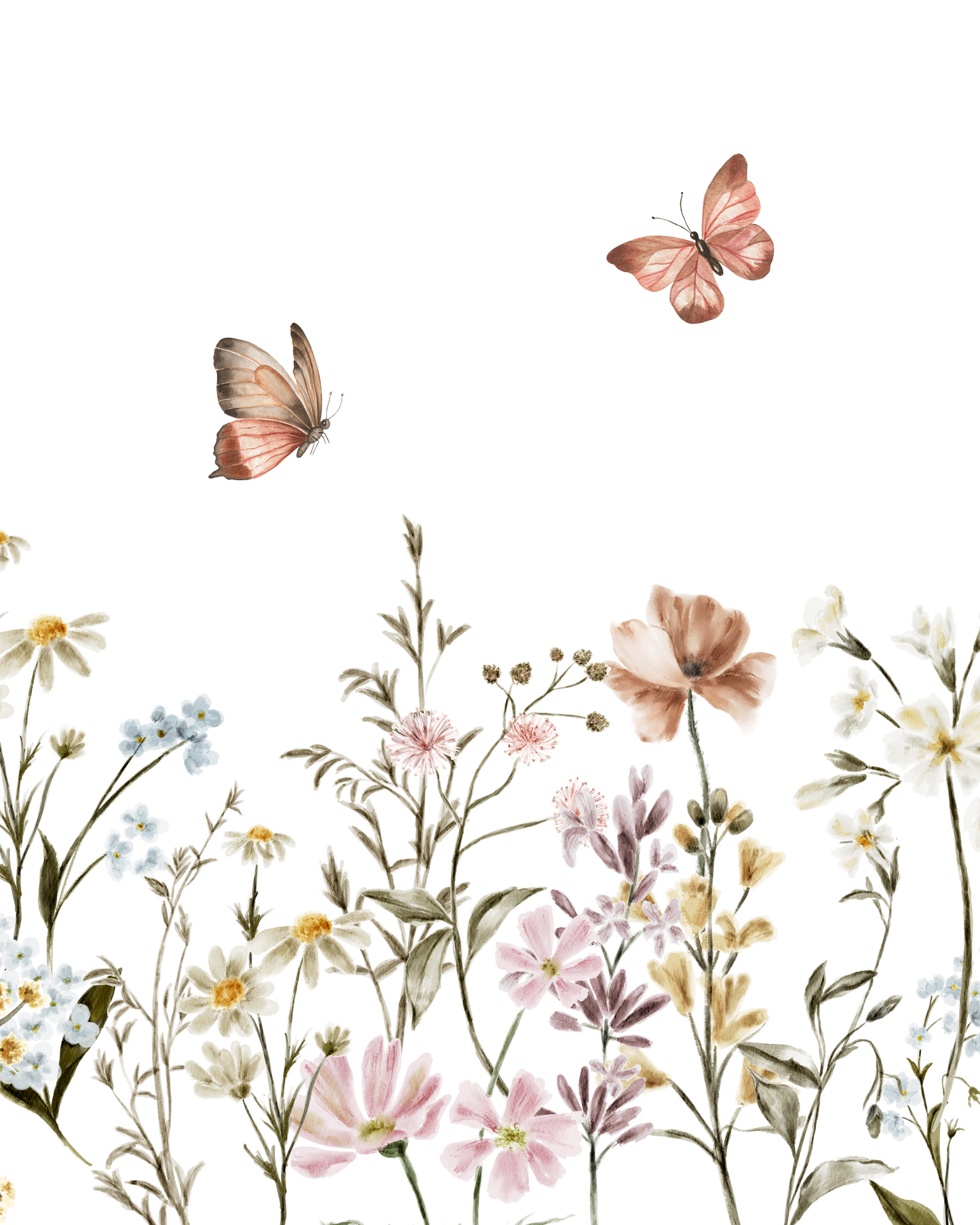 Butterflies and Neutral Flowers Wall Art. Featuring soft watercolor blooms in warm beige, ivory, and taupe tones, paired with delicate butterflies fluttering gracefully above