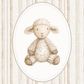 Stuffed toy sheep in an oval frame on a striped background