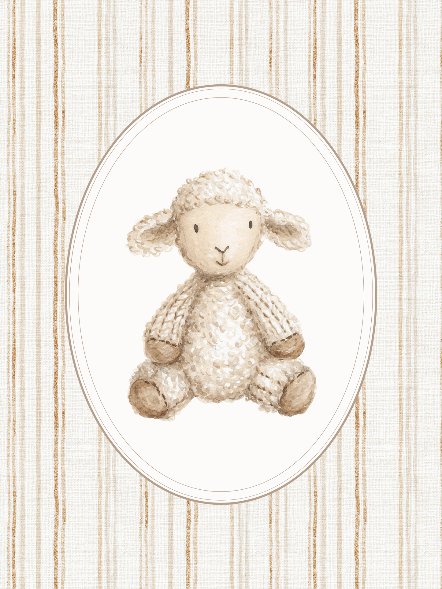 Stuffed toy sheep in an oval frame on a striped background
