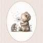 Illustration of a bear and a hedgehog holding a dandelion on a striped background