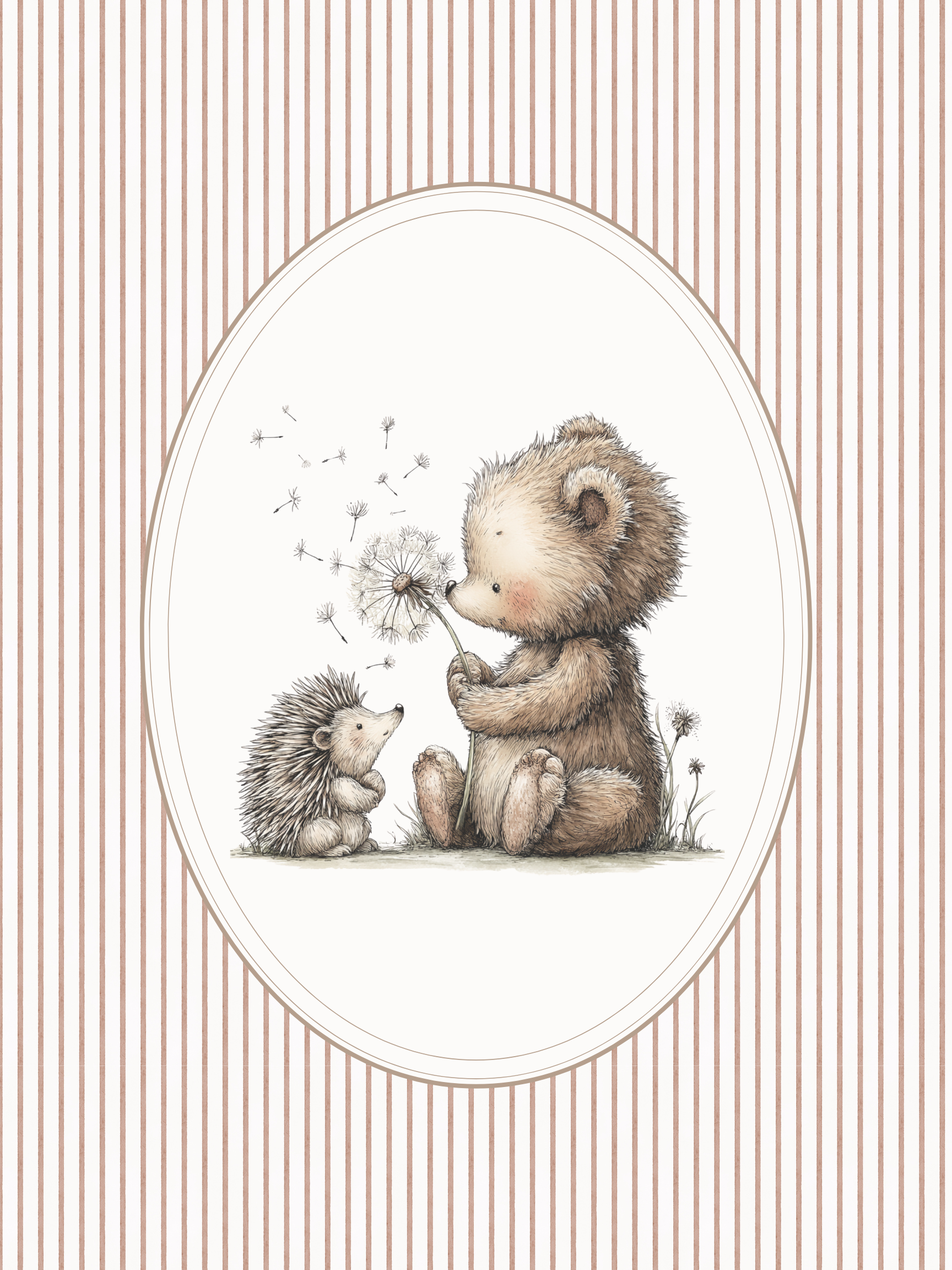 Illustration of a bear and a hedgehog holding a dandelion on a striped background