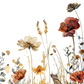 Watercolor floral artwork featuring poppies, wildflowers, and grasses in muted orange, brown, cream, and olive tones on a white background.