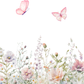 Watercolor floral border with pink butterflies above delicate wildflowers and green stems on a white background.
