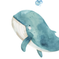 Watercolor illustration of a blue whale swimming upward with small blue bubbles and coral-like marine plants on a white background.