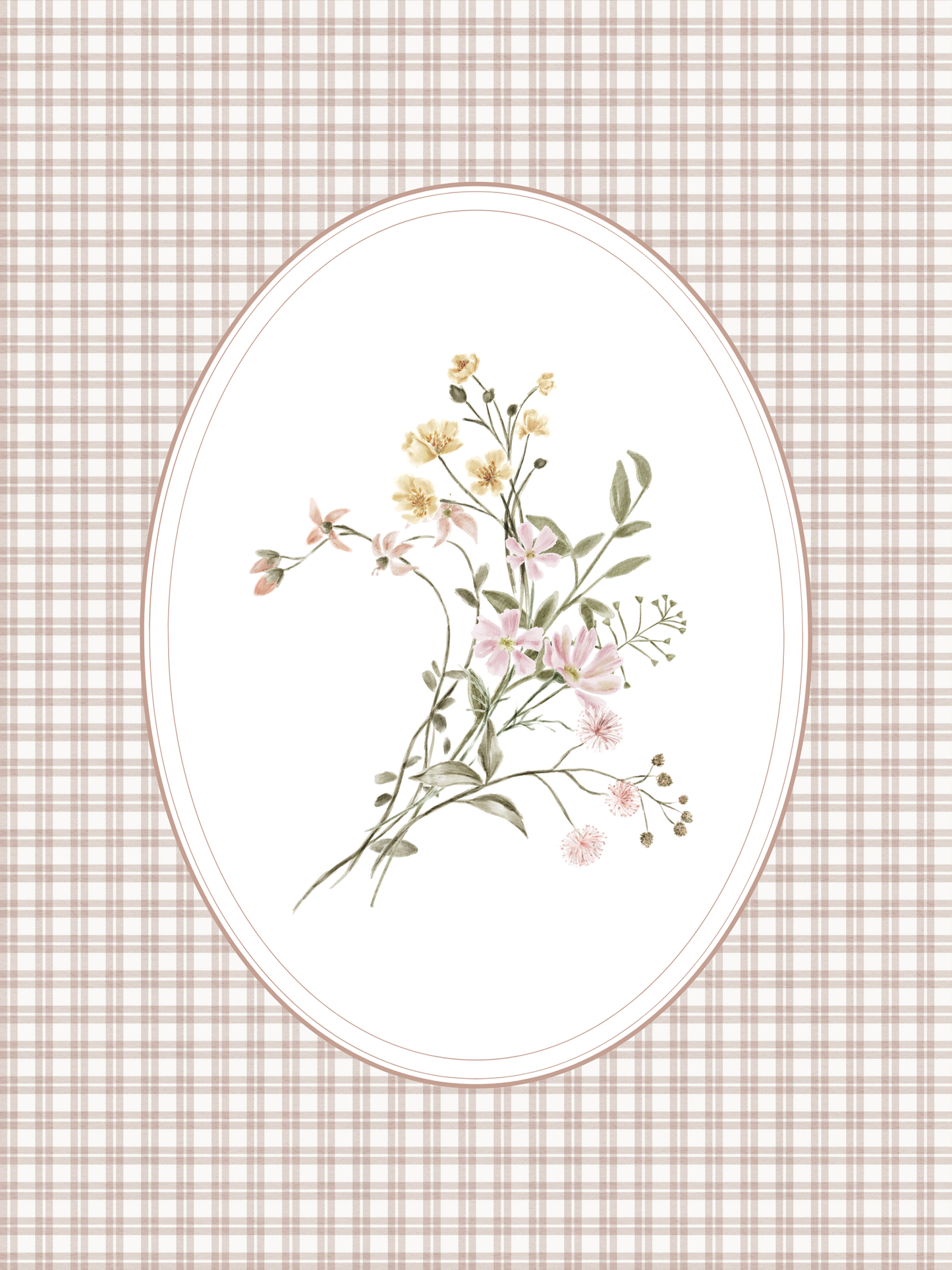 Floral design in an oval frame on a checkered background