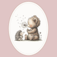 Illustration of a teddy bear and a hedgehog holding a dandelion on a pink background