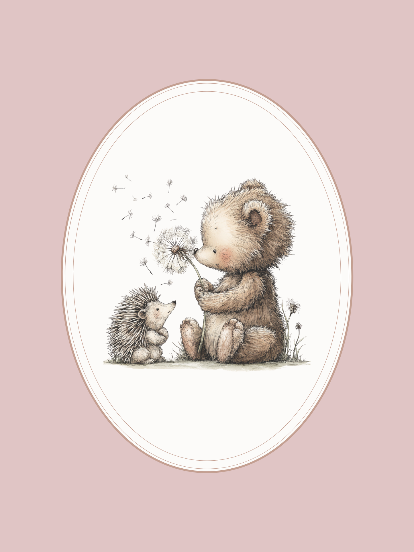 Illustration of a teddy bear and a hedgehog holding a dandelion on a pink background