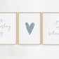 Our Darling Boy You Are So Loved wall art brings warmth and tenderness to any space. Featuring a sweet, heartfelt quote in a charming blue handwritten font, this 3-piece set captures the deep love and affection you feel for your little one.