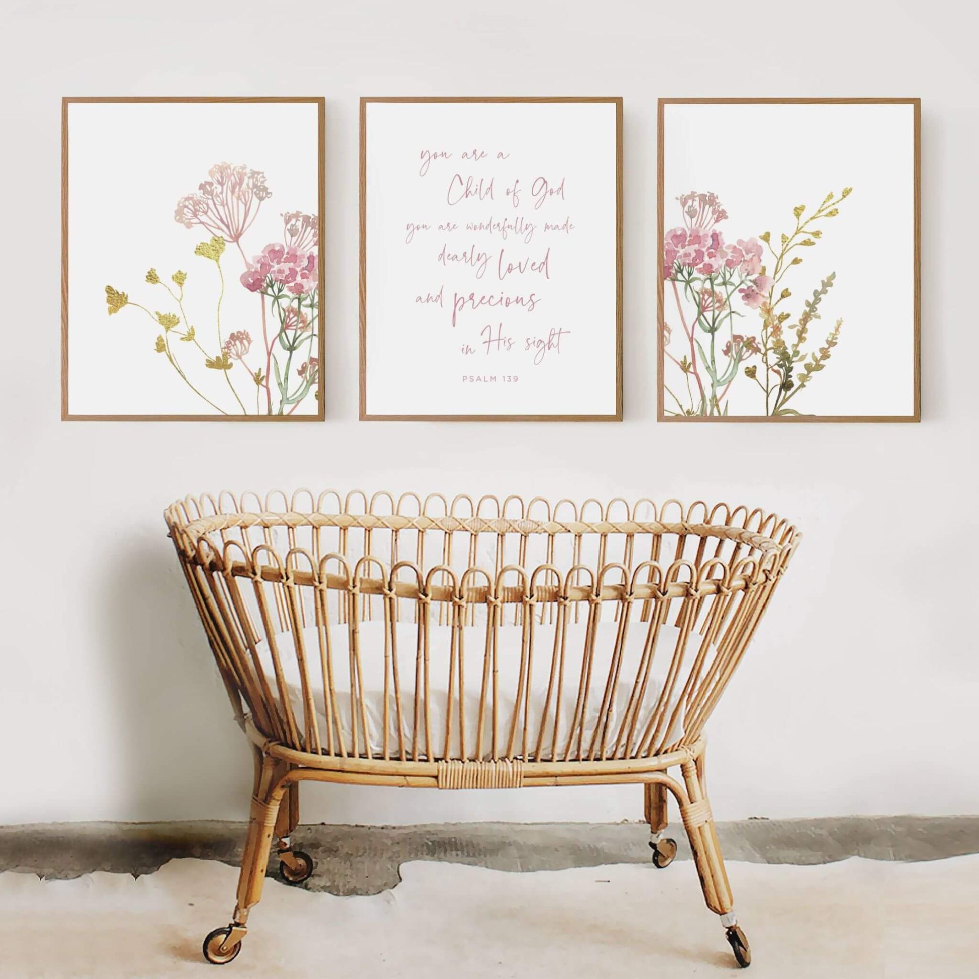 Christian girl nursery wall art set of 3 with pin wildflowers and bible verse