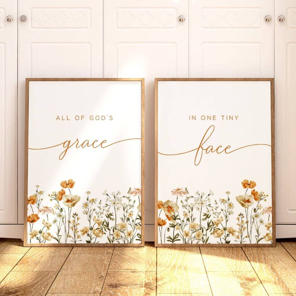 All of God's Grace in One Tiny Face Christian Wall Art Set of 2 with wildflowers