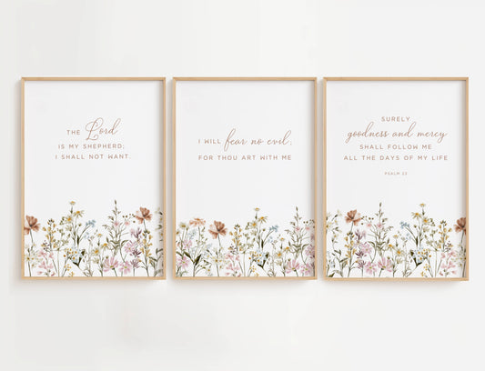  Psalm 23 Nursery wall art is a high-quality wall decor set featuring three beautifully designed prints inspired by the comforting words of Psalm 23. 