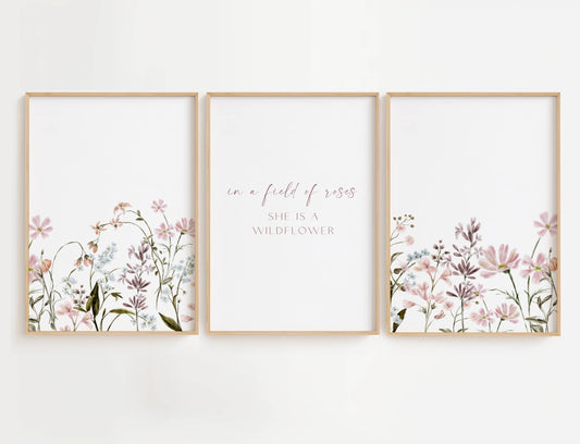 In a Field of Roses She is a Wildflower Wall Art Set of 3 with pink and lavender flowers