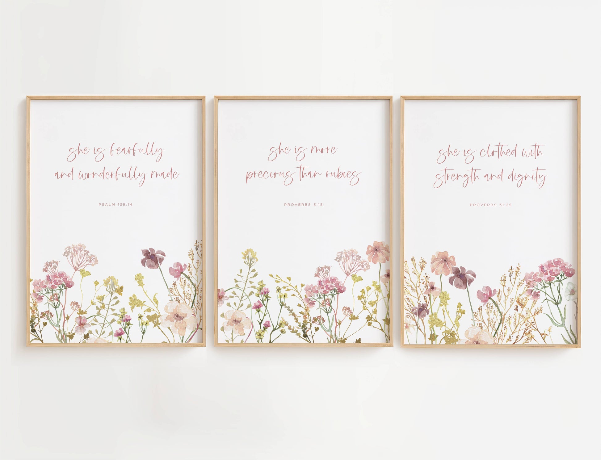 Bible Verse Nursery Wall Art Set of 3 with pink and purple wildflowers