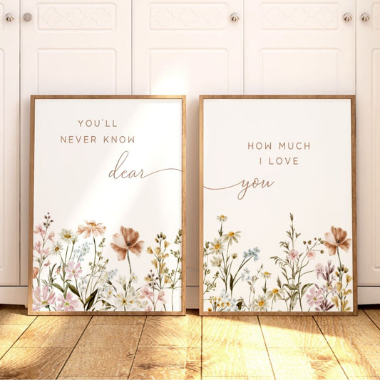 A boho nursery wall art set of 2 featuring wildflower nursery decor and song lyrics to complete your floral nursery. Hang these wildflower prints in your little girl's room or give as a unique baby shower gift!