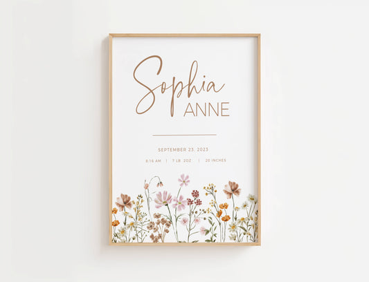 girl nursery wall art with wildflowers and birth details