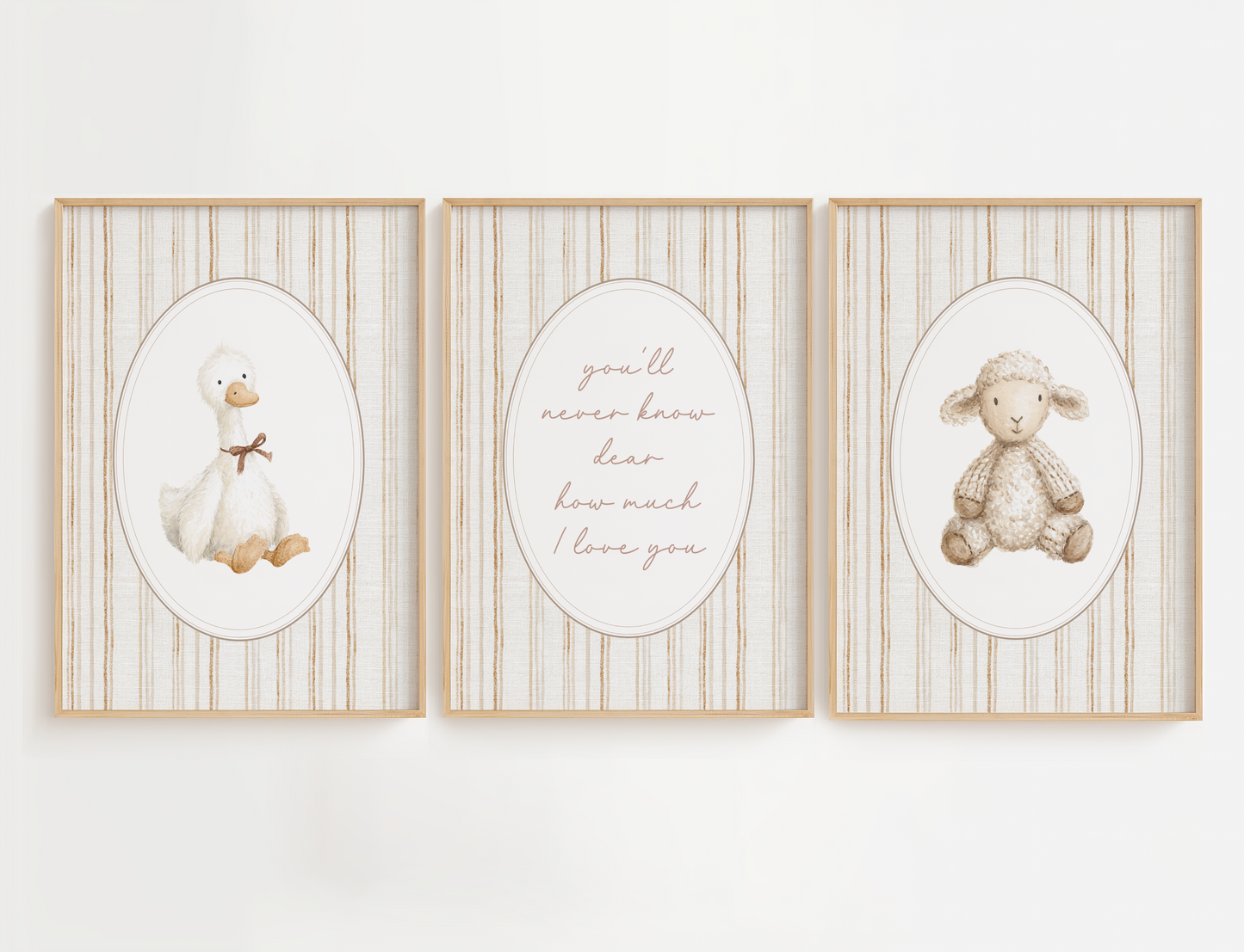 Vintage animal nursery wall art set featuring a duck with a brown bow, a white lamb and a nursery quote, You'll never know dear how much love you". Girl nursery wall art for baby girl.
