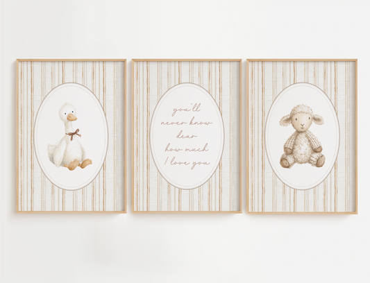 Vintage animal nursery wall art set featuring a duck with a brown bow, a white lamb and a nursery quote, You'll never know dear how much love you". Girl nursery wall art for baby girl.
