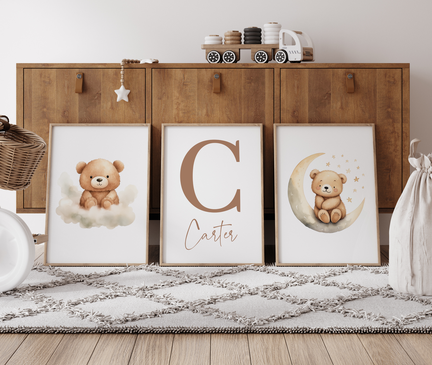 Bear nursery wall art set featuring brown bears, clouds, moons and stars. This set of 3 also includes a personalized nursery name sign. Boy nursery wall art for baby boy room.