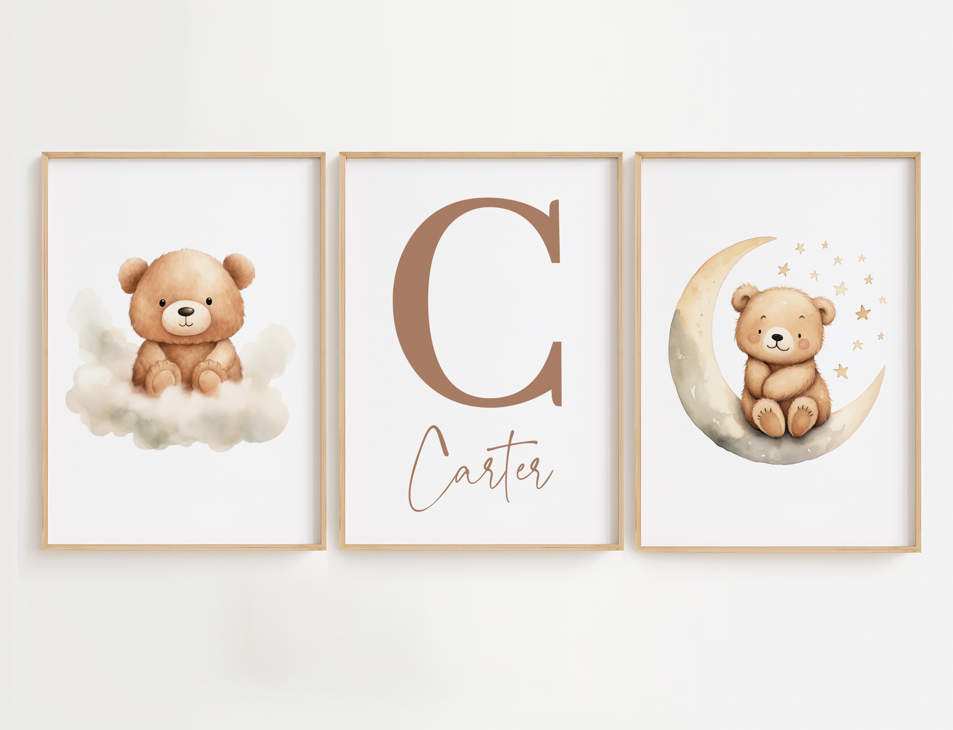 Bear nursery wall art set featuring brown bears, clouds, moons and stars. This set of 3 also includes a personalized nursery name sign. Boy nursery wall art for baby boy room.