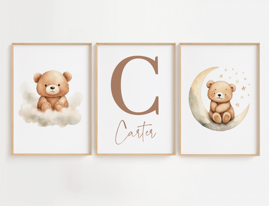 Bear nursery wall art set featuring brown bears, clouds, moons and stars. This set of 3 also includes a personalized nursery name sign. Boy nursery wall art for baby boy room.