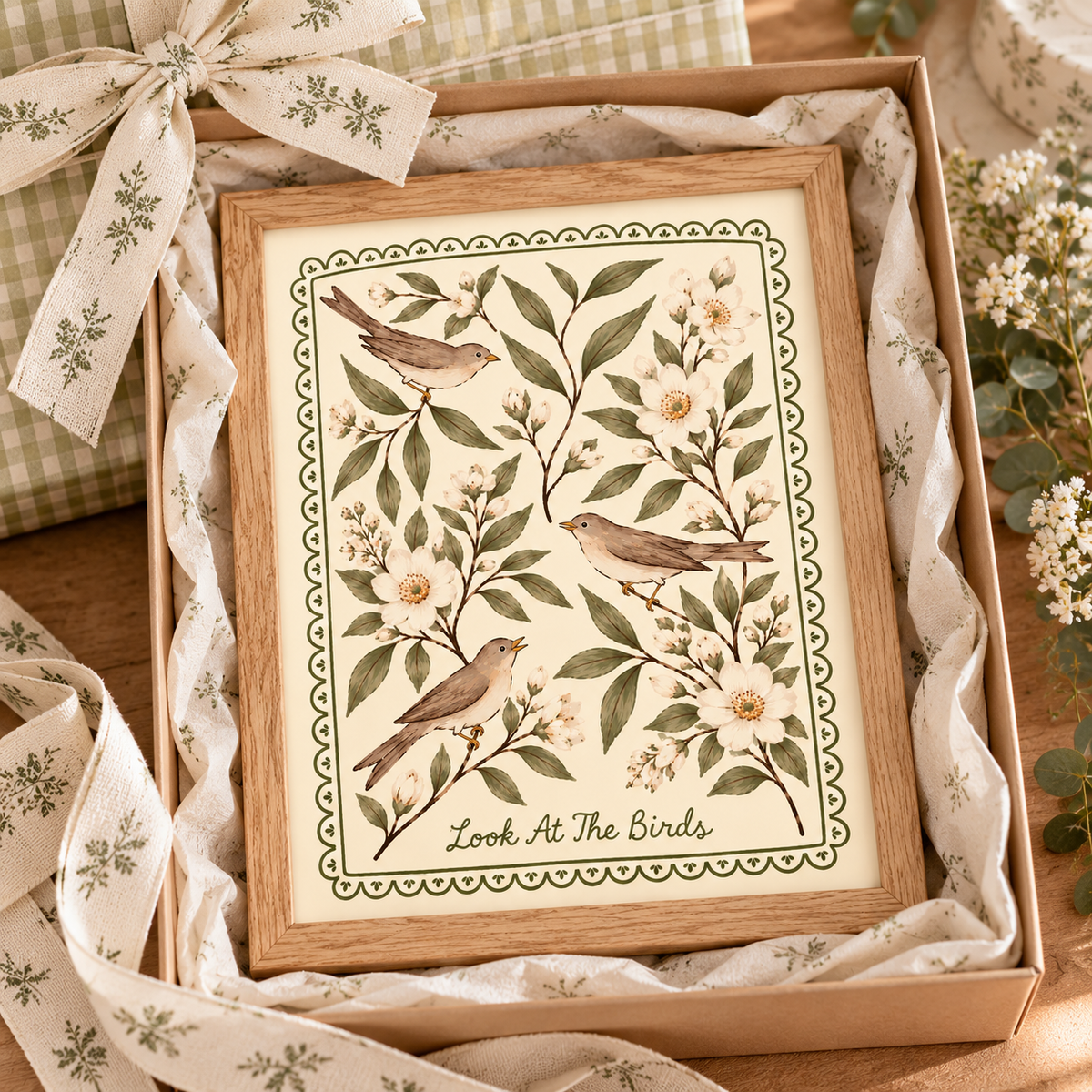 Christian nursery wall art featuring three songbirds and white flowers in a natural wood frame displayed on a nursery shelf with plush bunnies, children's books, and wooden toys.
