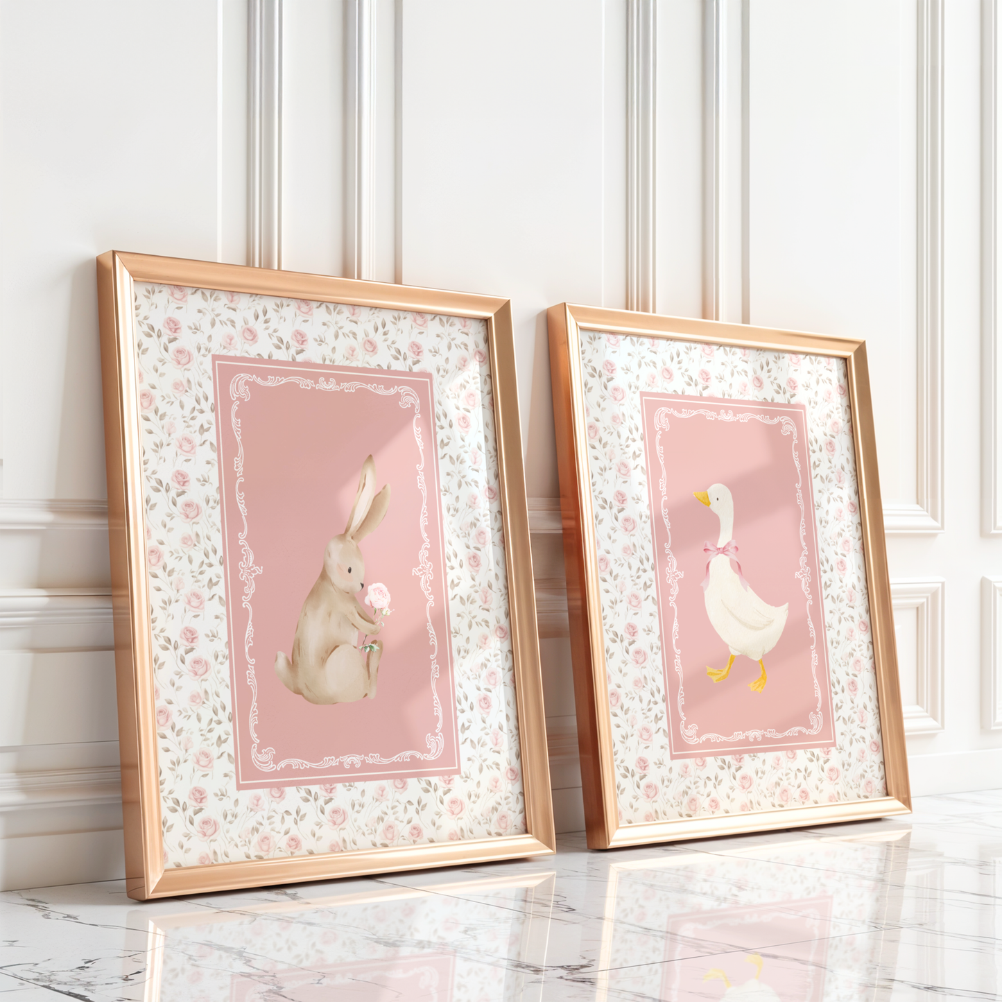 Nursery wall art featuring a vintage goose and bunny framed with a cottagecore nursery design of delicate pink and sage flowers. Girl nursery wall decor set.