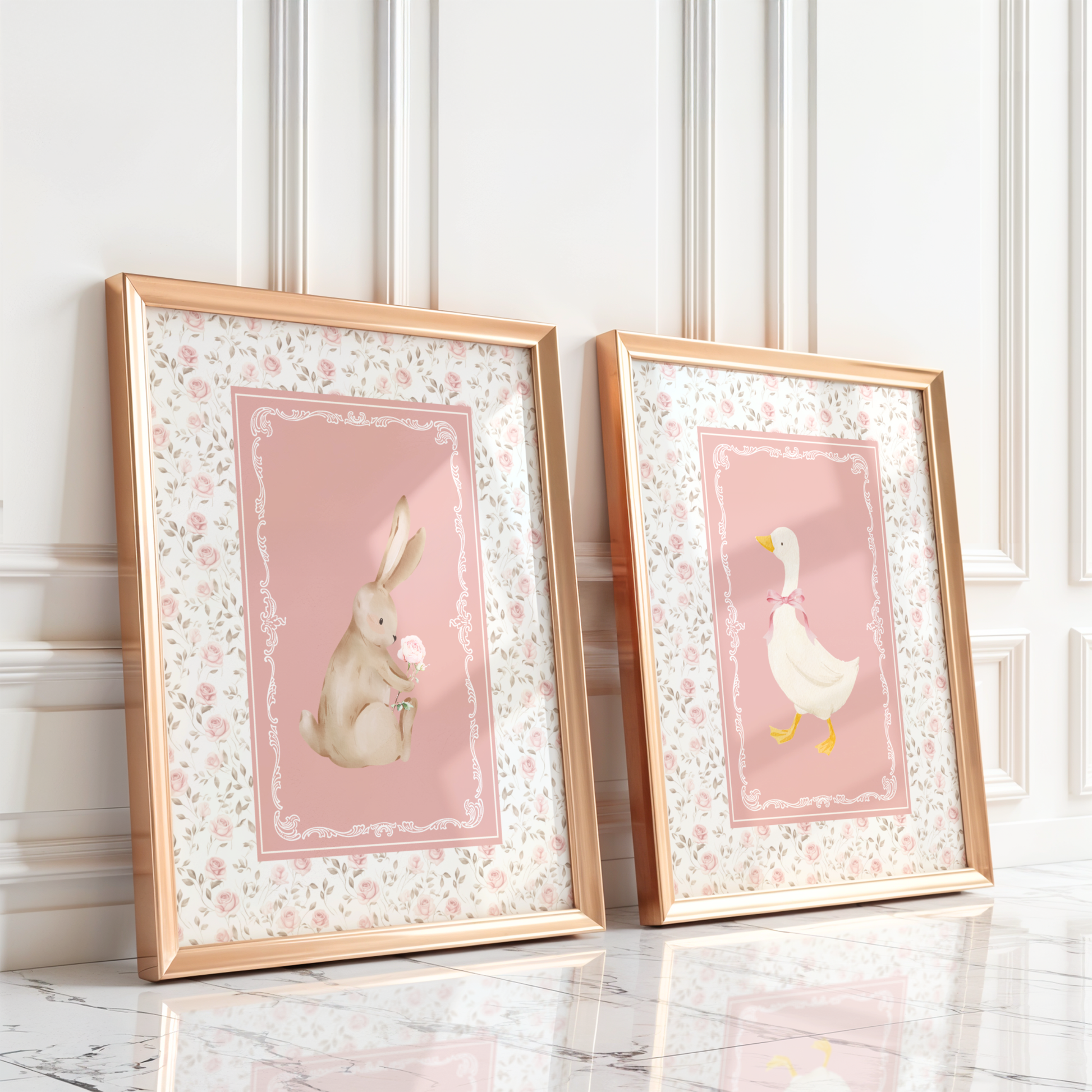 Nursery wall art featuring a vintage goose and bunny framed with a cottagecore nursery design of delicate pink and sage flowers. Girl nursery wall decor set.