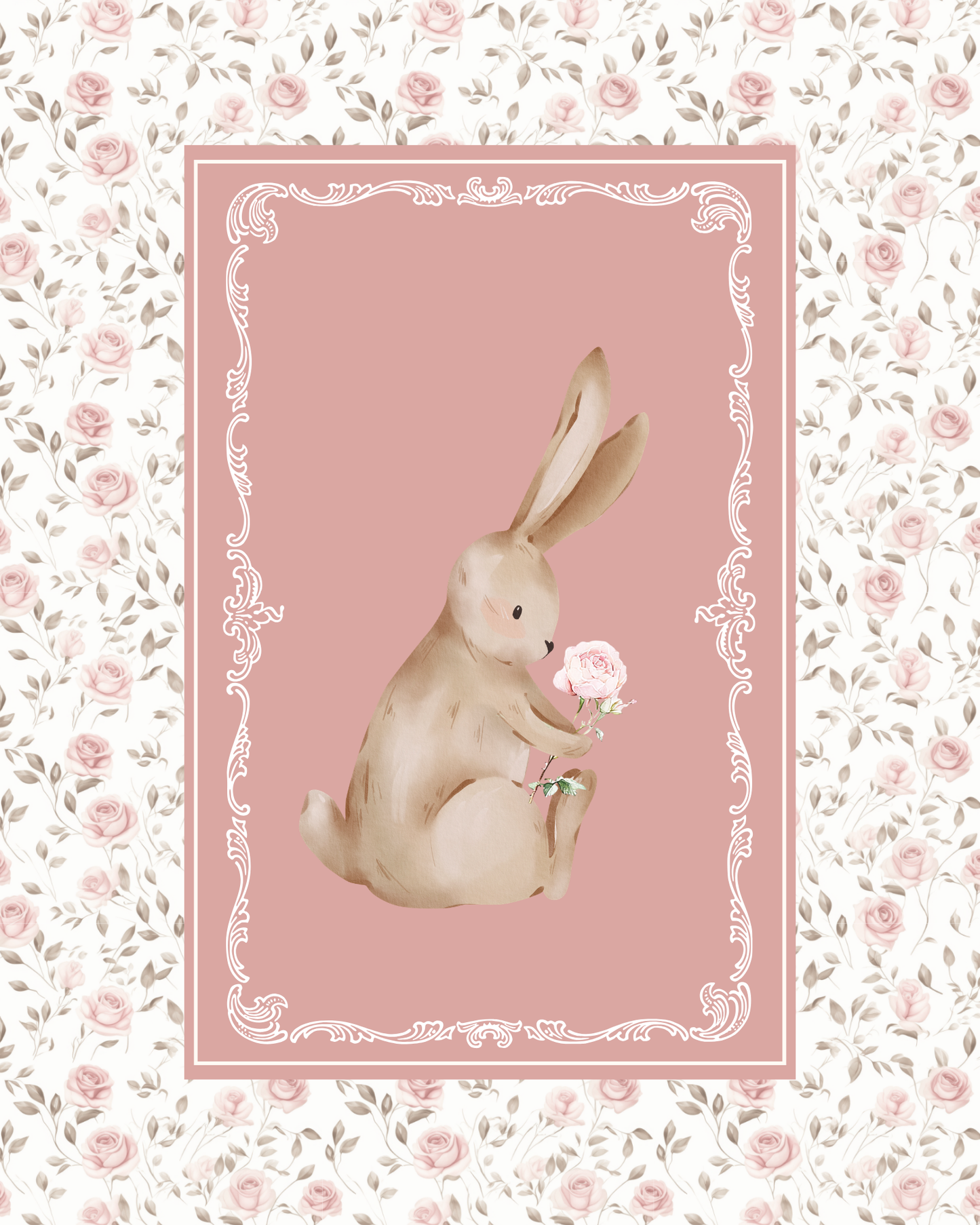 Nursery wall art featuring a vintage bunny holding a pink flower framed with a cottagecore nursery design of delicate pink and sage flowers. Girl nursery wall decor set.