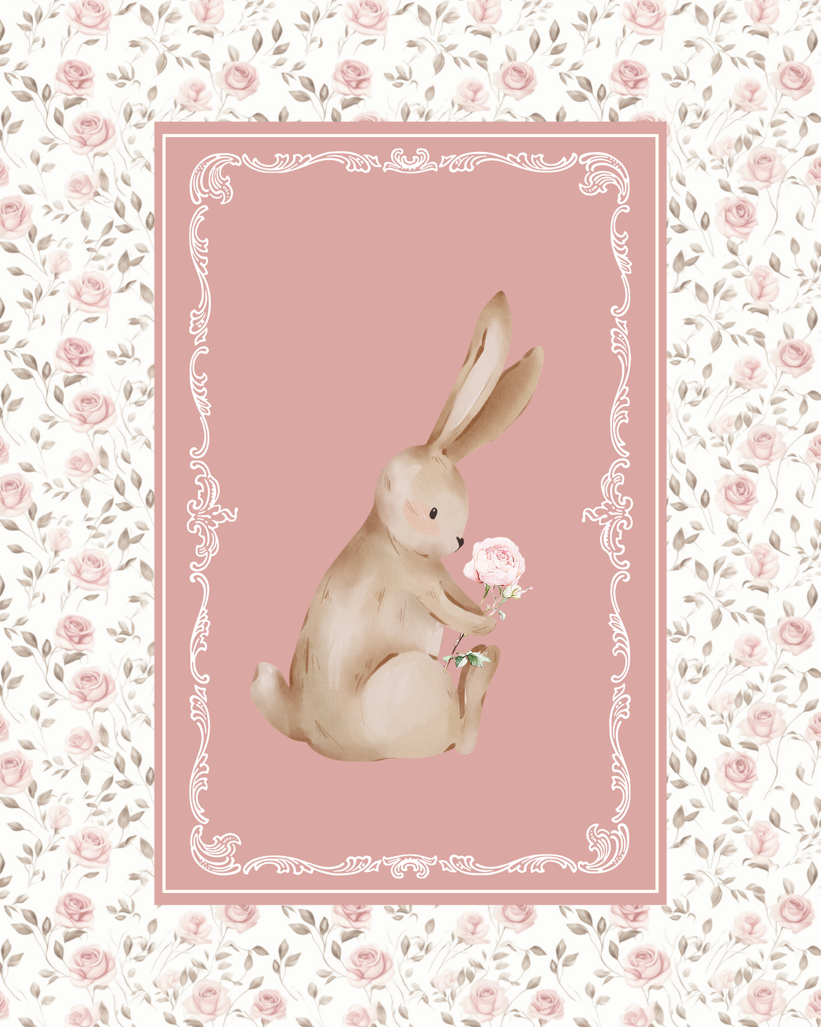 Nursery wall art featuring a vintage bunny holding a pink flower framed with a cottagecore nursery design of delicate pink and sage flowers. Girl nursery wall decor set.