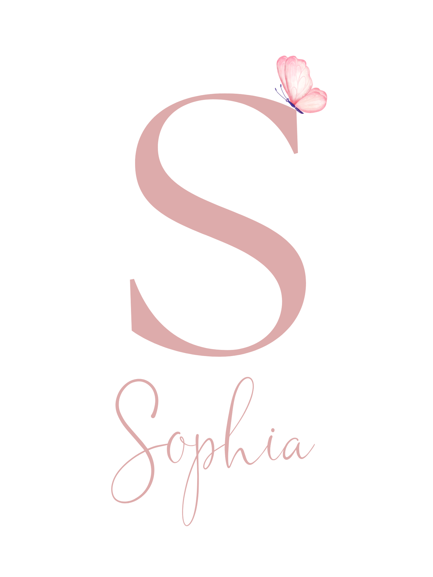 Butterfly nursery wall art featuring a monogram and name in dusty pink font. Girl nursery wall art.
