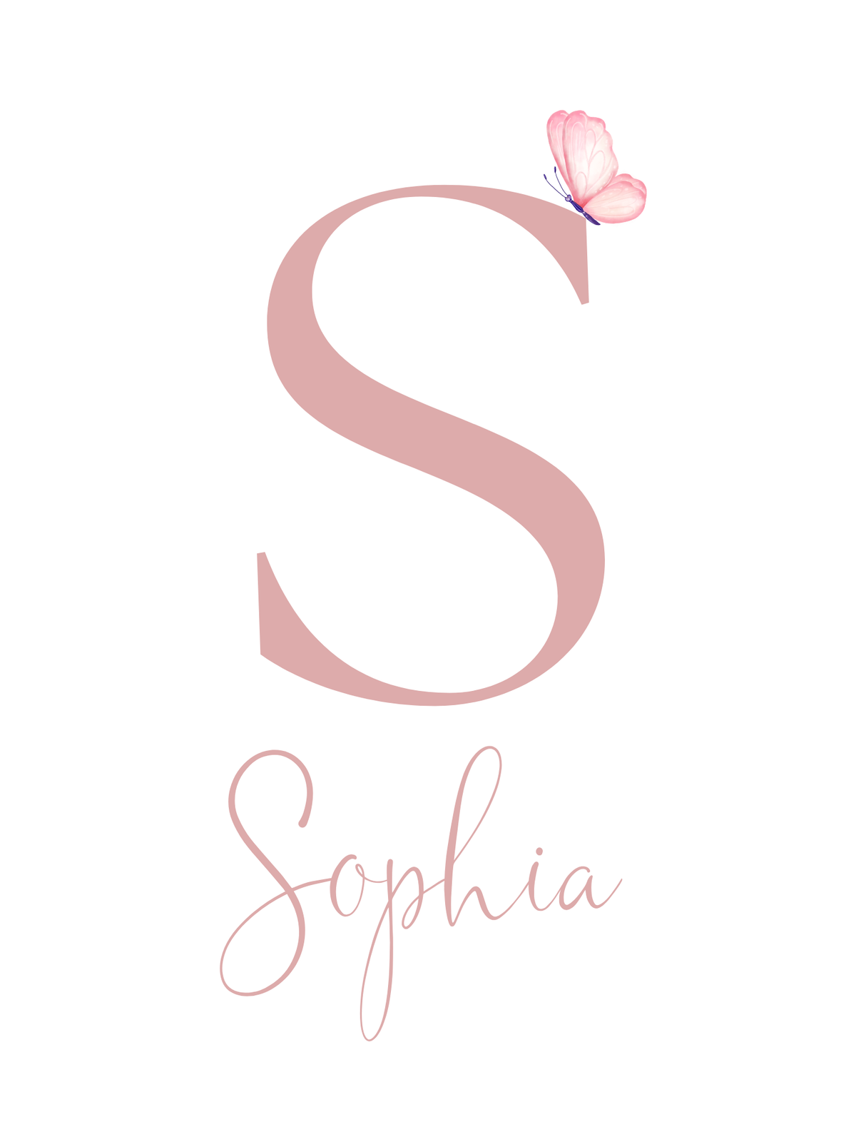 Butterfly nursery wall art featuring a monogram and name in dusty pink font. Girl nursery wall art.