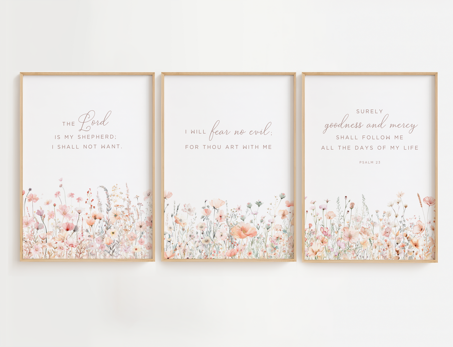 Christian nursery wall art featuring framed Bible scripture among pink and sage flowers in a wall decor set of 3. Girl nursery wall art for baby girl room.