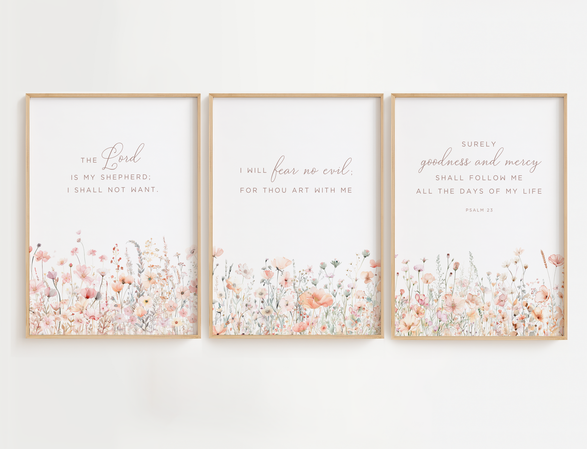 Christian nursery wall art featuring framed Bible scripture among pink and sage flowers in a wall decor set of 3. Girl nursery wall art for baby girl room.